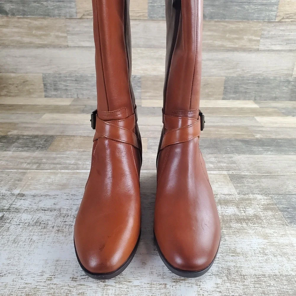 Naturalizer Rena Women Wide Calf Boots Sz 9 M Brown Leather Comfort Ankle Buckle